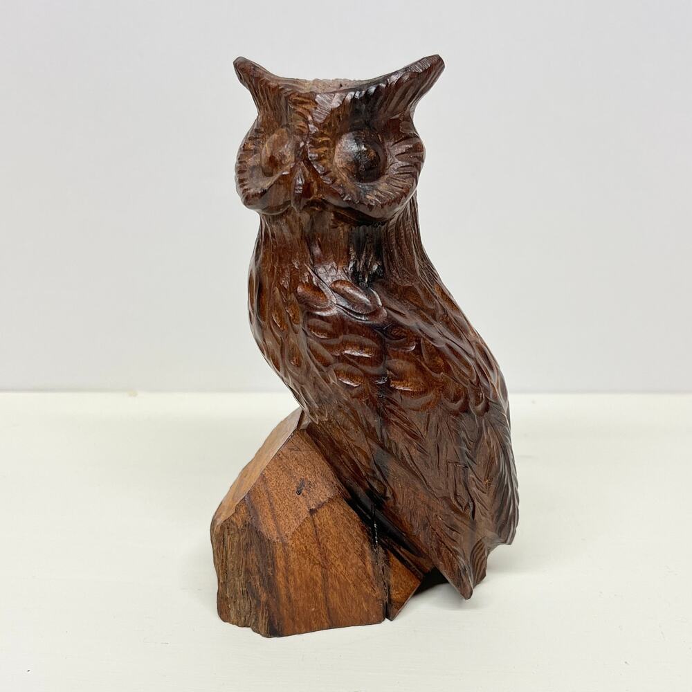 Carved Wooden Owl Statue Figurine 6" High
